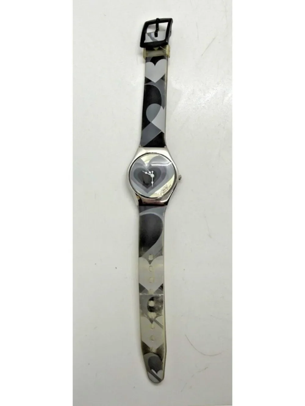Swatch AG200 Women's Watch Hearts Silver Tone Case Gray Blue Plastic Band Quartz